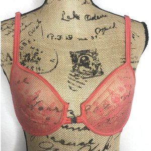 Victoria's Secret Sheer Plunge Bra Size 34C Coral Underwire Floral Front Closure